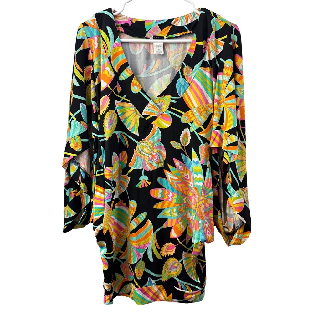 Trina Turk XS Black Multi Psychedelic Floral Dolman Split Sleeve Swim Cover-Up